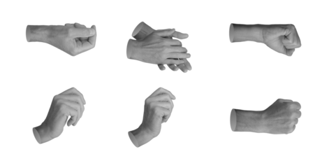 Gestures set. Pinch, applauding, fist bump, holding, clenched fingers, hand sign isolated on white background., transparent PNG cutout