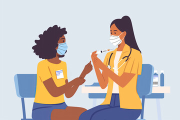 Cartoon illustration of a doctor administering a vaccine to a woman, both wearing face masks.