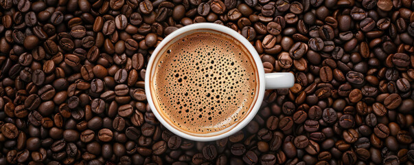 Naklejka premium Cup of freshly brewed coffee placed on a bed of roasted coffee beans, highlighting the rich aroma and flavor of the beverage.