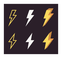 Lightning and different style isolated voltage symbol on black background flat vector illustration.	
