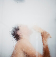 Fototapeta premium Shower, washing and woman in studio singing for healthy skin, happiness or wellness on white background. Steam, body care and female model with brush for hygiene, cleaning or morning routine mockup