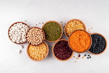Various dried legumes, lentils, chikpeas, beans assortment
