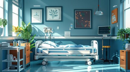 Hospital room decorated with personal mementos, creating a homely feel, illustration background