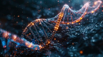 Conceptual image of a DNA double helix intertwined with binary code, symbolizing genetic engineering