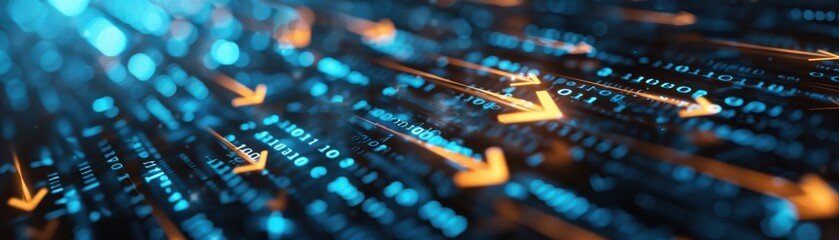 Glowing arrows on blue digital background, representing data flow, technology, and network pathways in an abstract and futuristic concept.