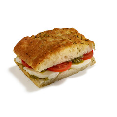 Sandwich isolated on dark background. Sandwich clipping path. Top view. Selective focus and copy space. 