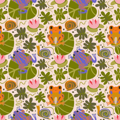 Frogs and snails seamless pattern.  Swamp life print. Water Lilly, frogs, snails, leaves. Pond aesthetic ornament, Perfect for wallpaper, packaging, stationary, wrapping, textile.