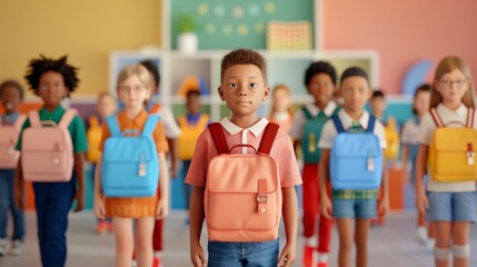 Obraz premium A diverse group of excited students, backpacks and notebooks in hand, walking into a brightly decorated classroom