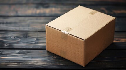 Selective focus on cardboard box on dark wooden table