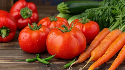 A rustic wooden table adorned with a colorful array of fresh vegetables