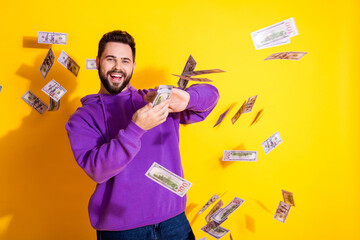 Photo of cheerful attractive nice man wear purple stylish clothes luxury life waste money isolated...