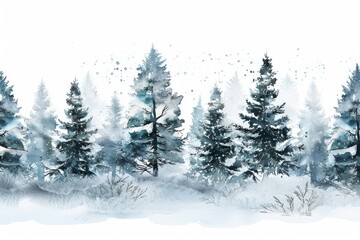 Fototapeta premium Watercolor painting depicting a snowy forest in Japan. Children's Book Illustration