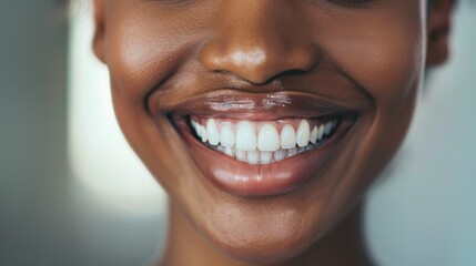 Fototapeta premium Close-up of a smiling woman's mouth showing bright white teeth and healthy gums, promoting dental hygiene and joy.