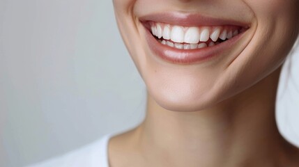 Obraz premium Close-up of a smiling woman with perfect white teeth, representing joy and dental health in a positive and natural way.