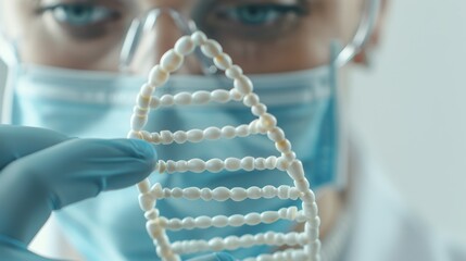 Geneticist analyzing DNA strands in a high-tech lab, cutting-edge biotechnology, deep depth of field, precision genetics, focus cover all object, deep dept of field