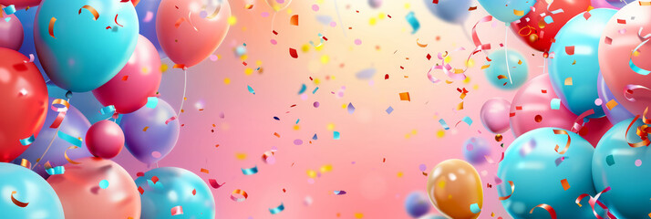 Colorful balloons and confetti celebrate an event on a festive pink background. Perfect for party, celebration, and birthday visuals.