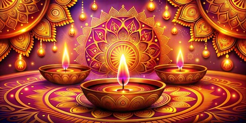 Beautiful greeting card featuring a glowing mandala and lit oil lamps. Perfect for celebrating diwali. The festival of lights. This vibrant illustration is ideal for sharing the spirit of the holiday