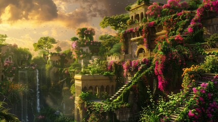 Obraz premium Enchanting ancient ruins covered in lush greenery and vibrant flowers under a dramatic sky, evoking a sense of mystery and beauty.