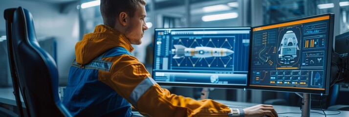 Engineer working on computer with aerospace designs on screen in modern laboratory, focusing on rocket and spacecraft development.
