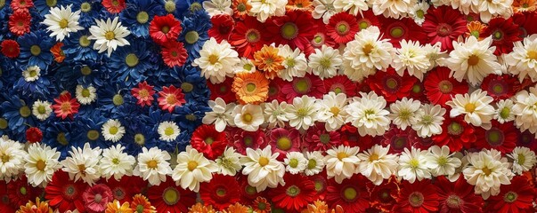 Floral arrangement of the American flag made with red, white, and blue flowers, symbolizing patriotism and creativity in a vivid display.