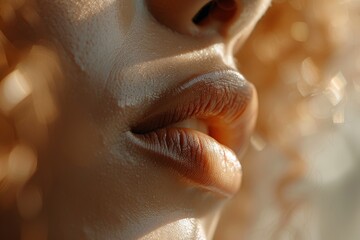 Close-up of a woman's lips and chin with golden light highlighting the smooth texture and details