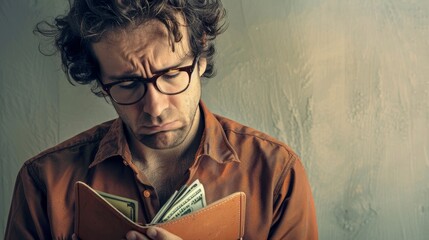 Frustrated young man with glasses looking at his empty wallet, showing disappointment and financial stress.