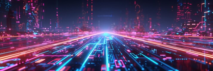 Obraz premium Futuristic neon-lit cityscape with vibrant light trails and digital elements, depicting a technological and cyberpunk themed urban environment.