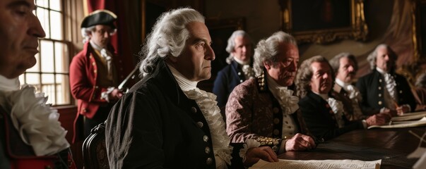 Historical reenactment of a late 18th-century gathering with men in colonial attire, possibly depicting a significant event or discussion.