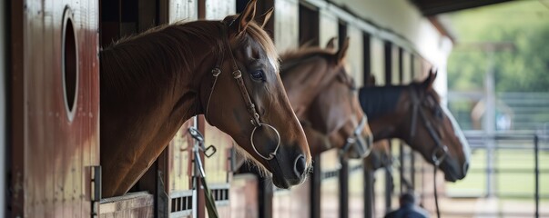 Obraz premium Horses peeking out from their stalls in a stable. Tranquil rural setting with animals resting, waiting for training or riding sessions.