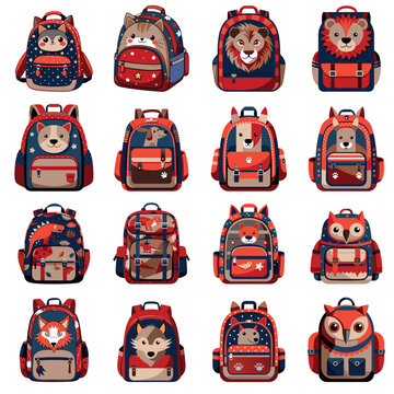 School backpack, set of illustrations of backpacks with animals. Colorful vector illustration for children.