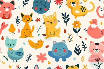 Seamless illustration of cute animal prints featuring colorful cartoon-style cats, dogs, and birds on a light background. Each animal is depicted in a playful manner with soft, rounded shapes and