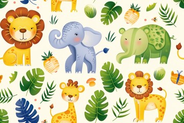 Fototapeta premium A fun and lively 2D illustration of various jungle animals including lions, elephants, and monkeys. The cartoon-style animals are spread evenly across the background, creating a seamless pattern