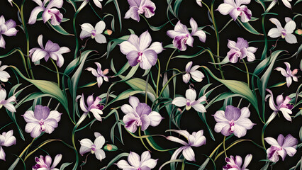a floral pattern with flowers on a black background.