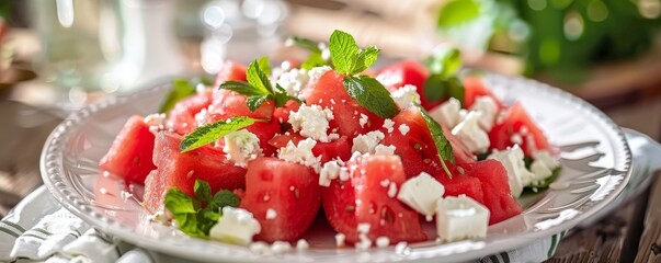 Refreshing watermelon salad with feta cheese and fresh mint on a white plate, perfect for a summer meal or healthy treat.