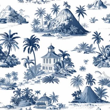 Seamless vintage tropical pattern with palm trees, mountains, and colonial buildings in blue color palette.