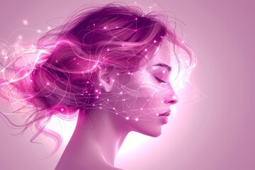 Surreal illustration of a woman's profile with pink neon light effects, creating a futuristic and dreamy atmosphere