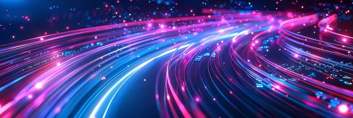 Fototapeta premium Vibrant neon light trails in blue and pink hues, creating a futuristic and dynamic abstract background, ideal for technology and digital themes.