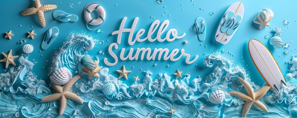 Vibrant summer-themed image featuring 'Hello Summer' text with beach accessories, starfish, and surfboards against a blue background.