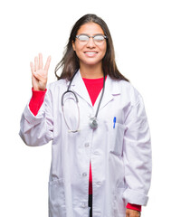 Young arab doctor woman over isolated background showing and pointing up with fingers number four while smiling confident and happy.