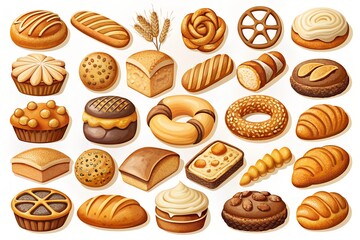a set of freshly baked and cooked baked goods on a white background