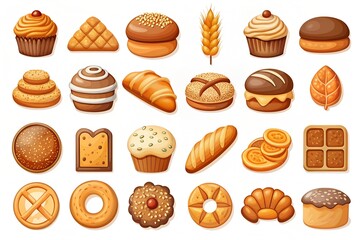 a set of freshly baked and cooked baked goods on a white background