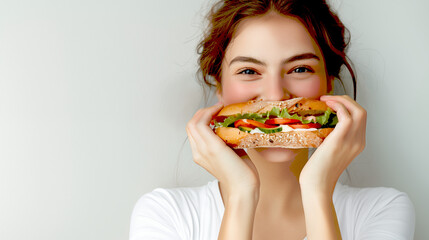 Young beautiful woman eats a sandwich with a happy face against a white background