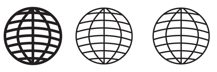 Globe grid spheres. Striped 3D spheres, geometry globe grid, earth latitude and longitude line grid vector symbol set. Spherical grid globe shapes. Illustration globe striped, global geography surface