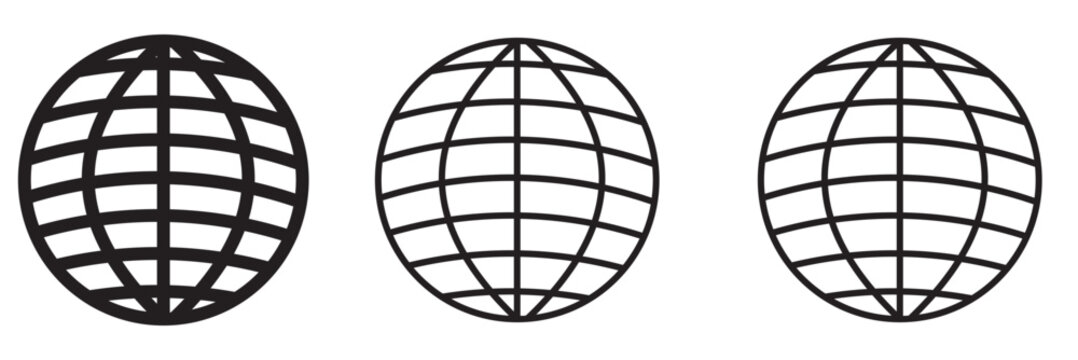 Globe grid spheres. Striped 3D spheres, geometry globe grid, earth latitude and longitude line grid vector symbol set. Spherical grid globe shapes. Illustration globe striped, global geography surface