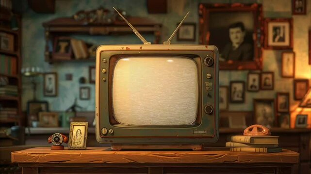 Vintage television in a nostalgic living room with old photographs. Retro and nostalgia concept