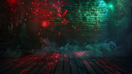 Gloomy basement, brick walls showing age, red sparks of fire, light reflecting on the wooden floor, swirling smoke, neon green lamps, simple night scene, ultra hd high quality image