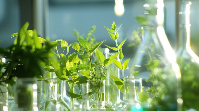 Various green plants in laboratory glassware illuminated by sunlight, representing scientific research and biotechnology in a lab environment.