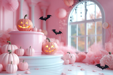 A room with a pink theme and Halloween decorations