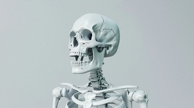 Side view of a human skeleton model against a neutral background, perfect for educational and anatomical purposes.