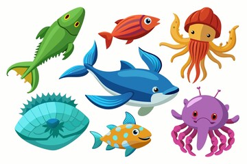 Fototapeta premium a set of several species of marine life in the sea in a difference on a white background